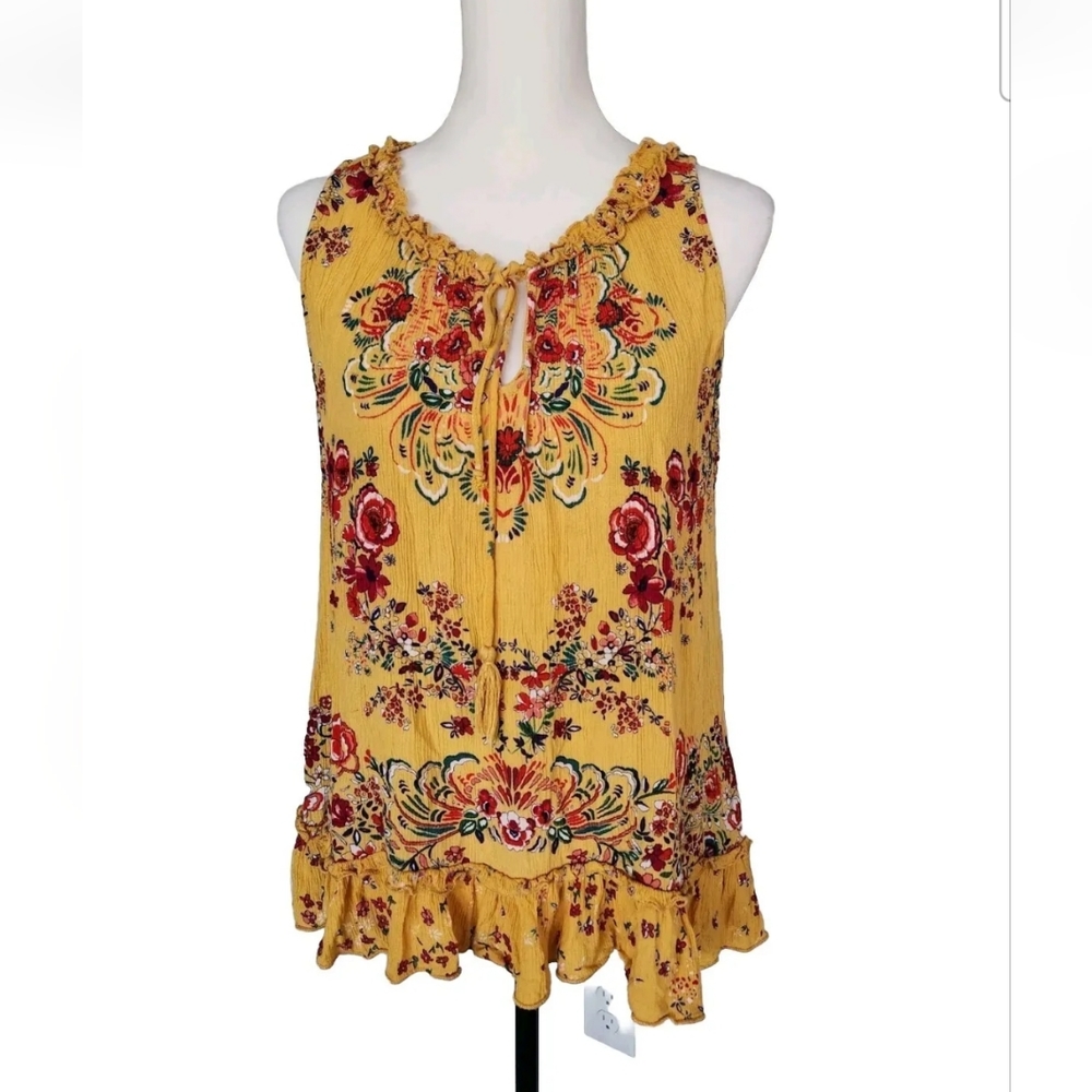 Bila Linea Top Sleeveless Rayon Yellow Floral Ruffled Keyhole Blouse Sz L